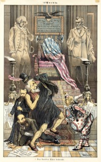 Cartoon from Puck, between 1880 and 1889. Creators: Joseph Keppler, Bernhard Gillam.