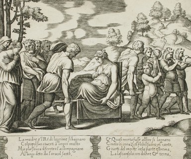 Psyche carried on a litter being taken to a mountain, between 1520 and 1535. Creator: Master of the Die.