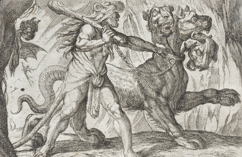 Hercules and Cerberus, 1608. Creators: Antonio Tempesta, Nicolaus van Aelst.
