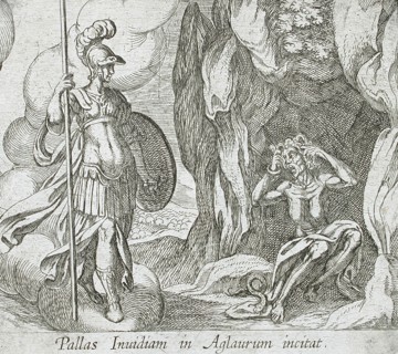 Minerva at Envy's Cave, published 1606. Creators: Antonio Tempesta, Wilhelm Janson.