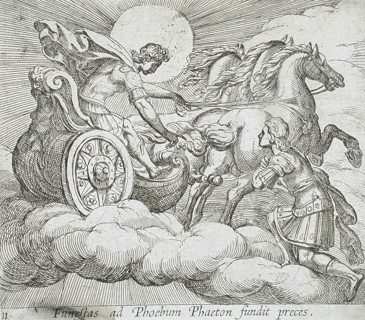 Phaeton Before Apollo, published 1606. Creators: Antonio Tempesta, Wilhelm Janson.