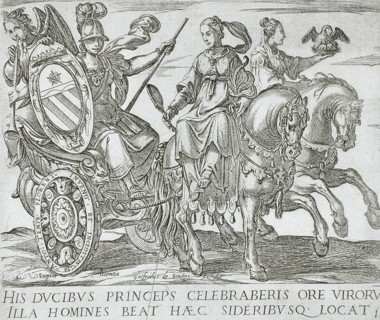 Frontispiece with Minerva in a Chariot Driven by Prudence and Charity (Horses of Different...), 1590 Creator: Antonio Tempesta.