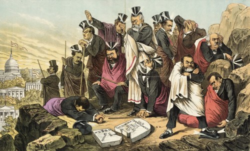 Ausgeschlossen aus dem Lande der Verheißung. Cartoon from Puck, between 1880 and 1889. Creator: Bernhard Gillam.