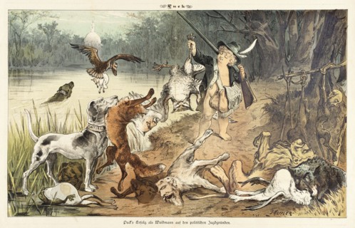 Cartoon from Puck, between 1880 and 1889. Creator: Bernhard Gillam.