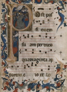 Folio from an Antiphonary with Initial P Containing 'The Ascension of Christ', c1365. Creator: Niccolo di Giacomo da Bologna.