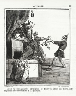 Le roi Salomon, lui -même, sur le point de donner sa langue aux chiens, faute de pouvoir..., 1864. Creator: Cham.