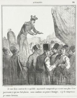 Je suis bien content de ce qui'l dit, mais tu ne le comprends pas ni moi non plus! C'est..., 1866. Creator: Cham.