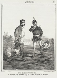 Tous les deux la même idée. -Il m'ennuie cet homme se je lui faisais attraper la trichinose?, 1866. Creator: Cham.
