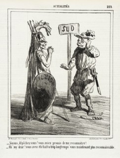 Voyons, Dépêchez vous! vous aviez promis de me reconnaitre! -Oh my dear! Vous avez été battu...,1865 Creator: Cham.
