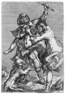 Hurdy-Gurdy Player Attacking a Pilgrim, c1614. Creator: Jacques Bellange.