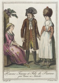 Costumes de Différents Pays, 'Homme Femme et Fille de Passan près Vienne en Autriche', c1797. Creator: Jacques Grasset de Saint-Sauveur.
