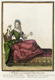 Recueil des modes de la cour de France, 'Philis se Joüant d'un Oyseau', between c1682 and c1686. Creator: Nicolas Bonnart.
