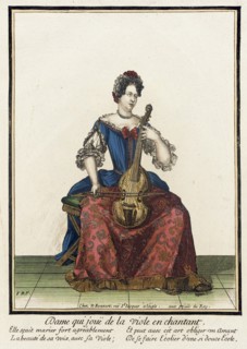 Recueil des modes de la cour de France, 'Dame qui Jouë de la Viole..., between c1682 and c1686. Creator: Nicolas Bonnart.