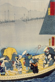 Zeze Castle: Returning Sails at Yabase (Zeze, Yabase no kihan), published in 1863. Creator: Toyohara Kunichika.