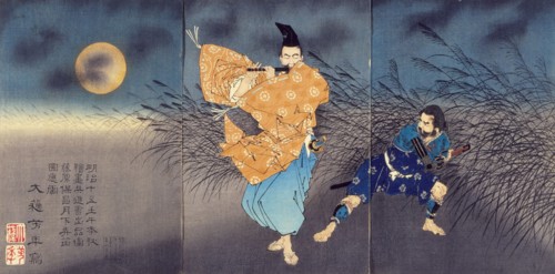 Fujiwara no Yasumasa Playing the Flute by Moonlight, 1883. Creator: Tsukioka Yoshitoshi.