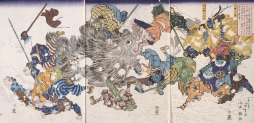 Yamamoto Kansuke Kills the Wild Boar, 1868. Creator: Tsukioka Yoshitoshi.