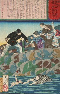 The Girl Saku Rescuing a Baby from the River, published in 1875. Creator: Tsukioka Yoshitoshi.