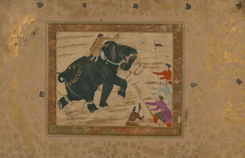 Single Leaf of an Elephant with Mahout Attacking Four Men, late 10th century AH/AD 16th century. Creator: Unknown.