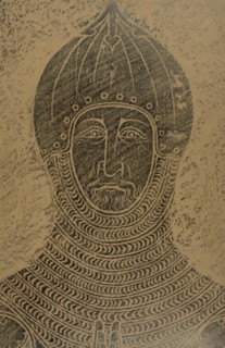 Brass rubbing of a knight in armour, 1949. Creator: John Woodcock.