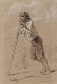 Peasant Leaning on a Stick, 1859-1865. Creator: Paul Gavarni.