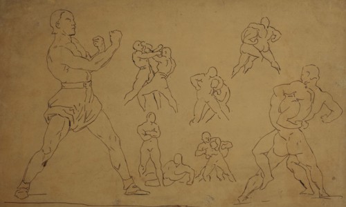 Sketches of wrestlers after gericault, 19th century. Creator: Antoine-Louis Barye.