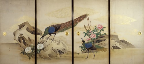 Peacock and Peahen with Chick and Peonies, c1840-50. Creator: Mori Ippô.