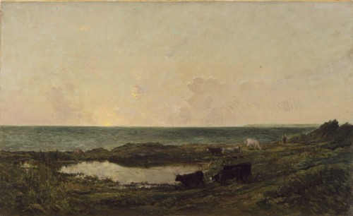 Sunset on the Coast at Villerville, 1855, with later retouching by the artist. Creator: Charles Francois Daubigny.