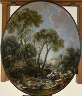 Landscape with Fisherman and a Young Woman, 1769. Creator: Francois Boucher.
