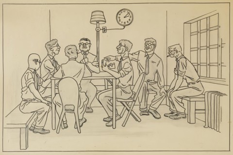 Pinochle: Guards at the Walters Art Gallery, 1953. Creator: Walter Chatelaine.
