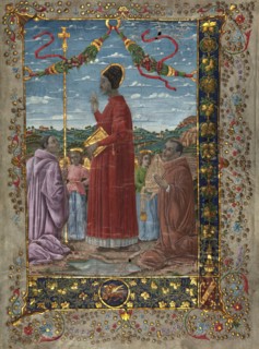 Saints with attendants, 20th-century painting on 14th-century antiphonary. Creator: Venetian Forger.