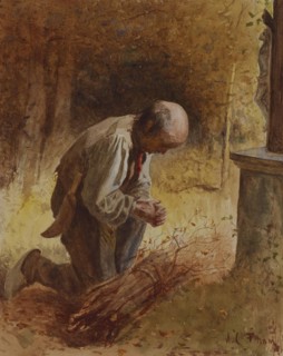 Woodcutter Kneeling before a Forest Shrine, c1865. Creator: James Crawford Thom.