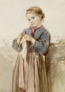 Girl Knitting, c1860. Creator: Philipp Rumpf.