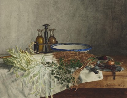 Still Life with Wild Chicory, Chervil, and Cruet, 1863. Creator: Leon Bonvin.