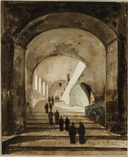 Monks on the Staircase of the Villa of Maecenas at Tivoli, c. 1826. Creator: Francois-Marius Granet.