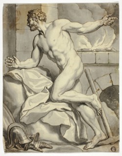 Male Nude Kneeling beside Open Hearth, with Helmet and Metal Gloves on Floor, n.d. Creator: Louis Chéron.