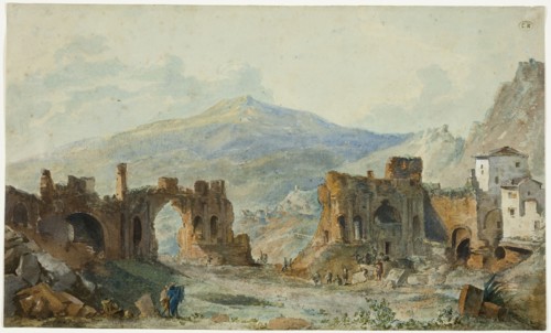 The Ancient Theater at Taormina with a View of Mount Etna, Study for Saint Non's Voyage Pi..., 1783. Creator: Louis-Francois Cassas.