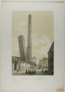 Bologna: The Asinelli and Garisenda towers, plate 40 from Italie Monumentale et Pittore..., c. 1848. Creator: Nicolas-Marie-Joseph Chapuy.