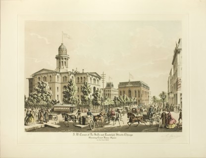 N. W. Corner of LaSalle and Randolph, Chicago, Showing Cou..., published April 1928 (1864 depicted). Creator: Raoul Varin.