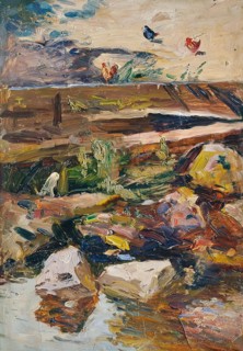 Stream bank with chickens, undated. (c1920s) Creator: Demeter Koko.