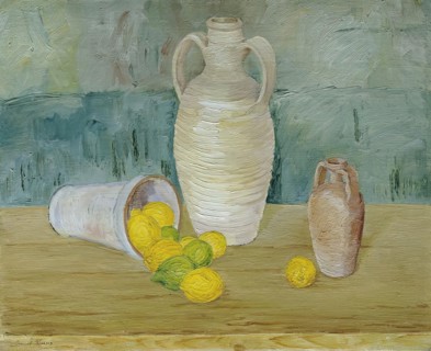 Still life with stone jugs and lemons, undated. (c1920s) Creator: Emil Kraus.