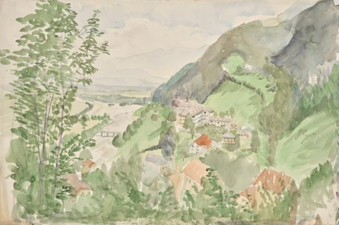 River landscape in the mountains with castle, c1910/1920. Creator: Franz Barwig.