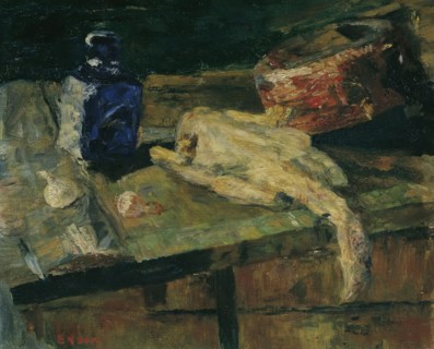Still life with blue bottle and plucked chicken, c1910. Creator: James Ensor.