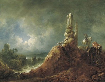 Landscape with ruins and riders in the moonlight, 1771. Creator: Johann Christian Brand.