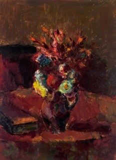 Flower bouquet with red tablecloth, 1913. Creator: Anton Faistauer.