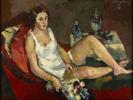 Young woman on red sofa, 1913. Creator: Anton Faistauer.