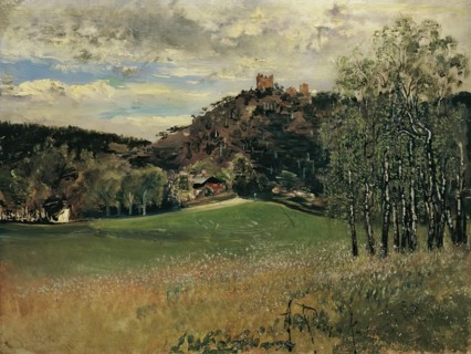 The dairy meadow in Vorderbrühl with the Mödling ruins, 1885. Creator: Anton Romako.