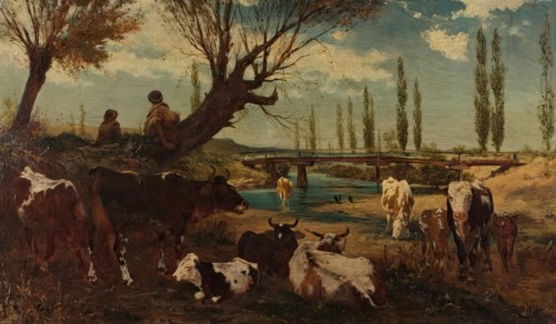 Herd of cows by the water, 1872. Creator: Carl Rudolf Huber.