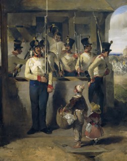 The sentinel, shouting into the rifle ("Rifle out!"), 1839. Creator: Carl Schindler.
