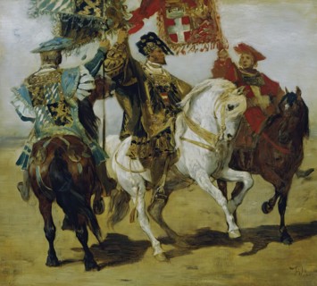 Three mounted standard bearers, 1879. Creator: Hans Makart.