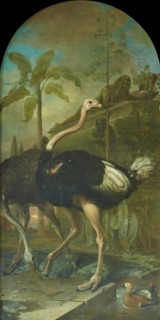 A pair of ostriches, a sarcophagus in the background, 1723. Creator: Ignaz Heinitz von Heinzenthal.